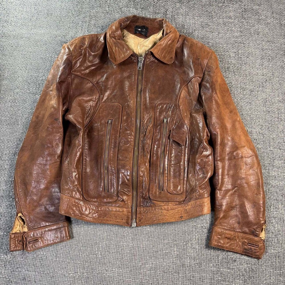 Vintage 80s Leather Flight Jacket Mens Medium Brown Distressed Biker Zip Coat